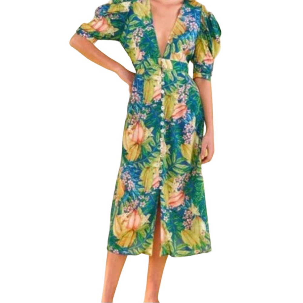 Farm Rio Star Fruits Midi Dress Blue Tropical Puff Sleeve V Neck S NWT